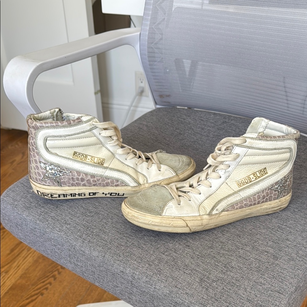 Golden Goose Cream and Gray High-Tops with Star Accent